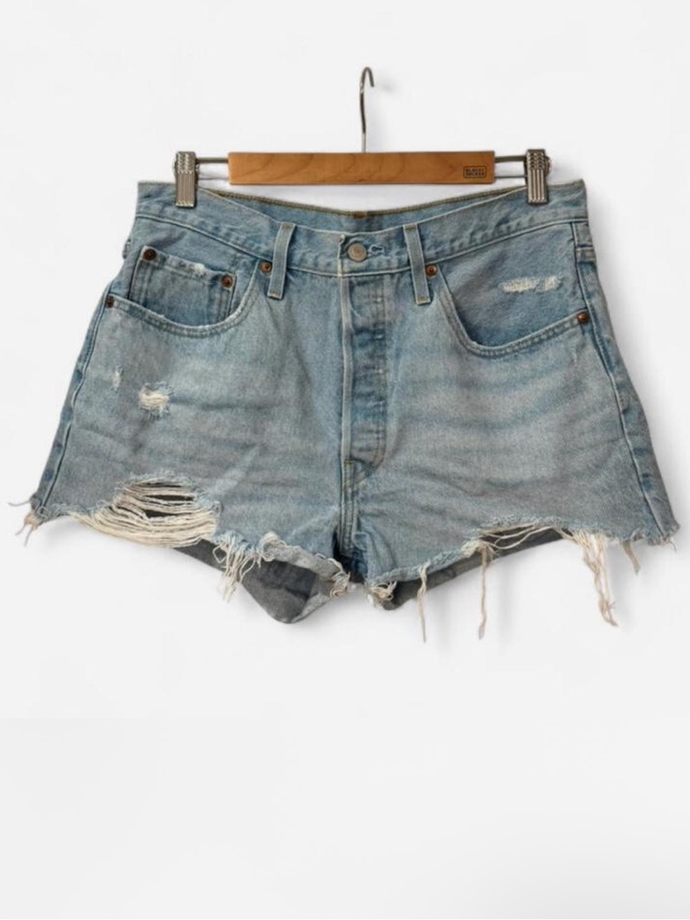 Levi's 501 Light Blue High-Waist Distressed Denim Shorts